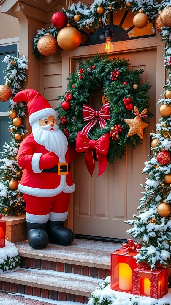 XXL Christmas Decoration Ideas Outdoor scene with giant inflatable Santa, large wreath, oversized ornaments, and twinkling lights.